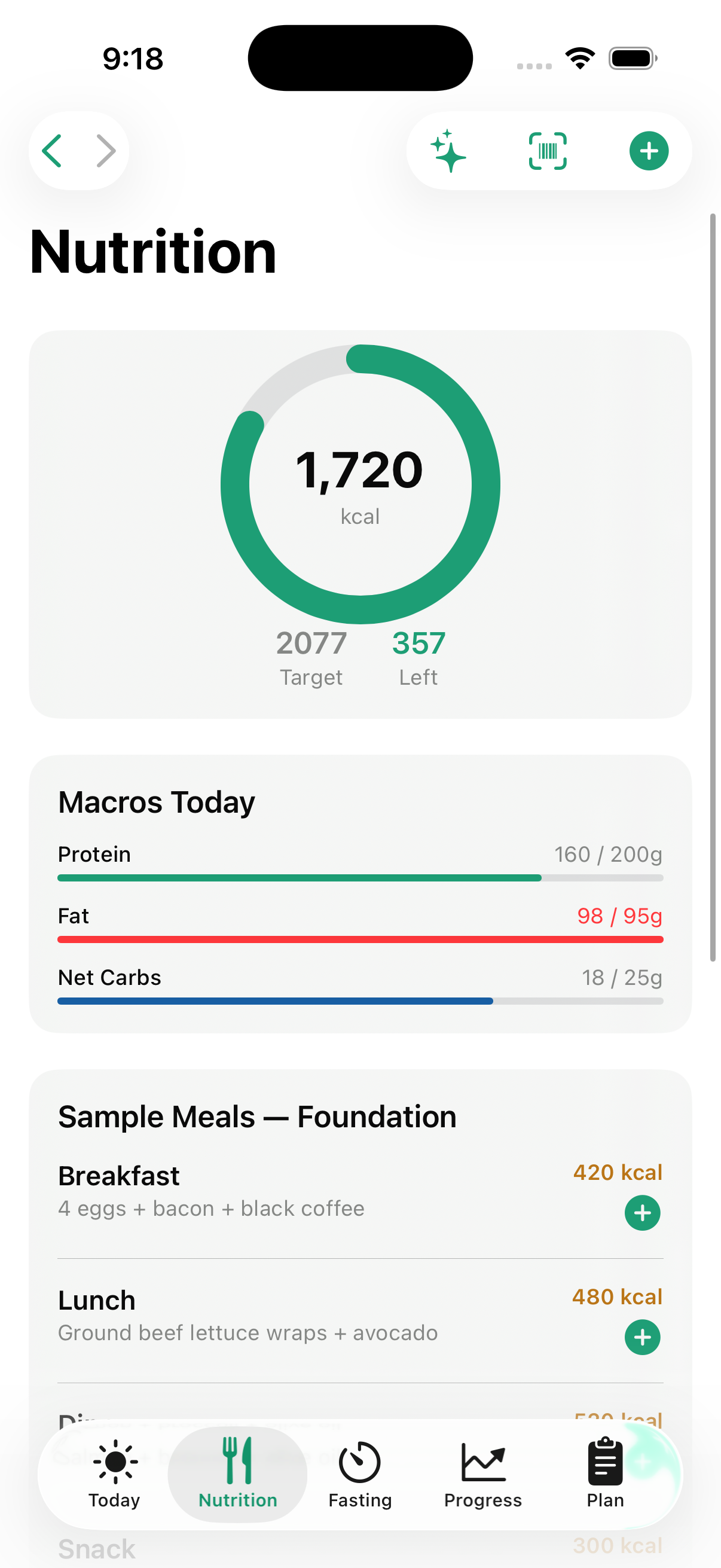 PhazFit nutrition tracking with calorie ring