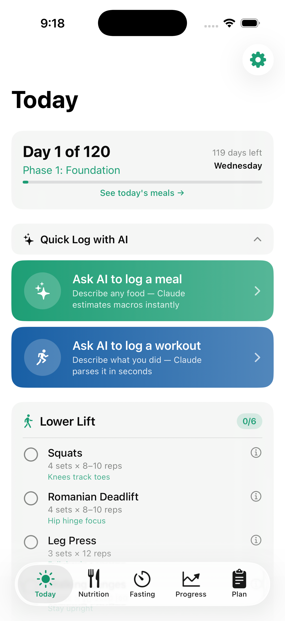 PhazFit Today screen showing daily plan and AI quick-log
